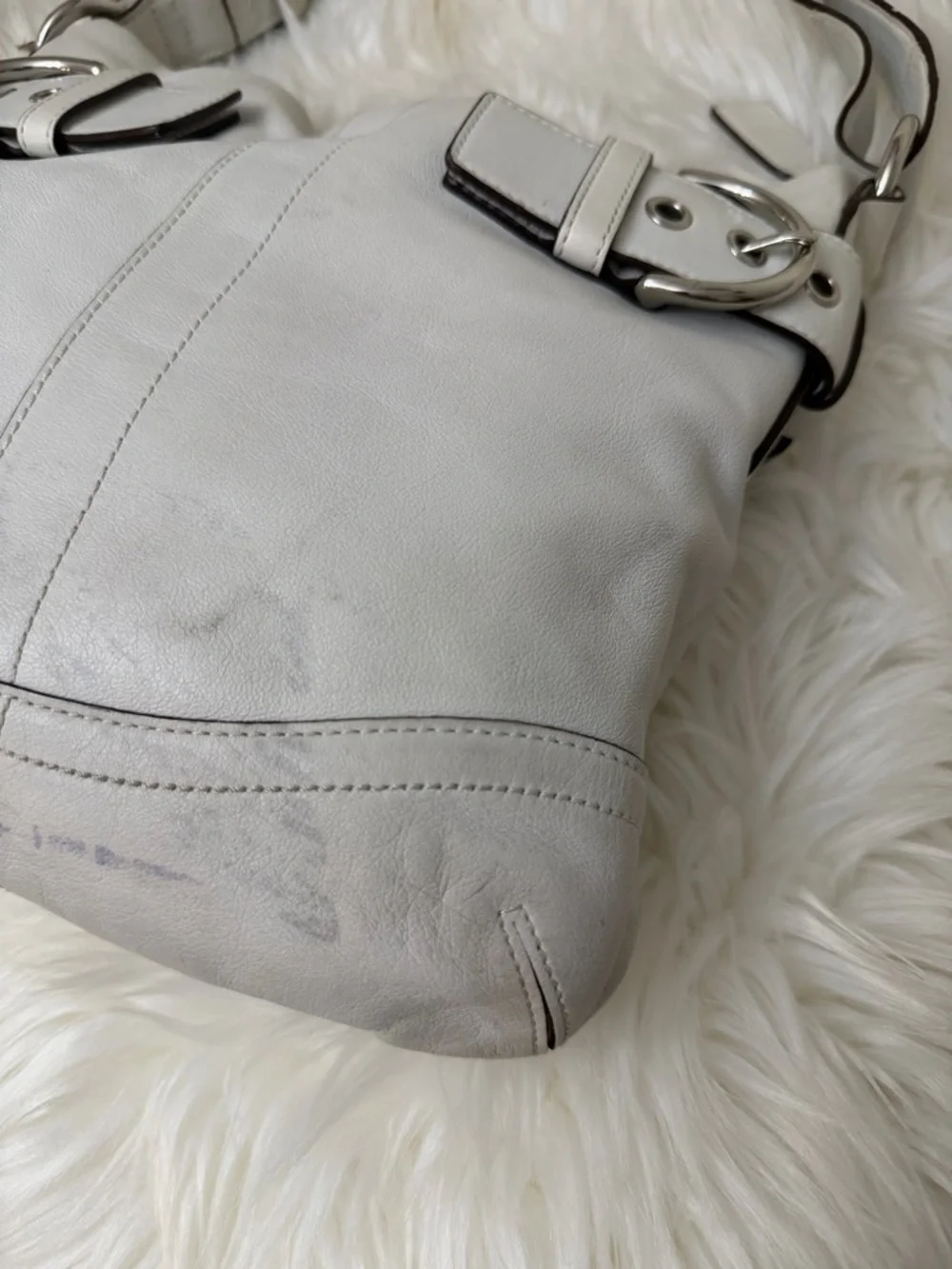 Vintage Coach White Leather Shoulder Bag with Silver Buckle Accents# 1452